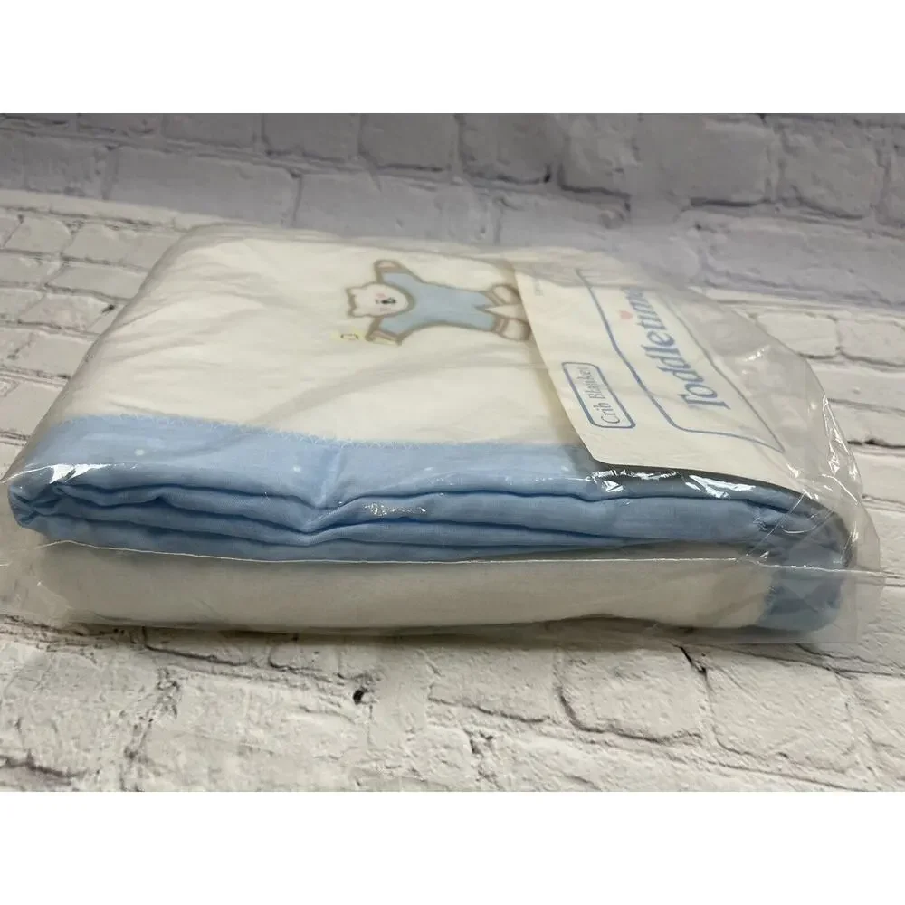 Vintage Toddlertime Blue Trim Baby Blanket Teddy Bear Woven Acrylic 36x45 NOS